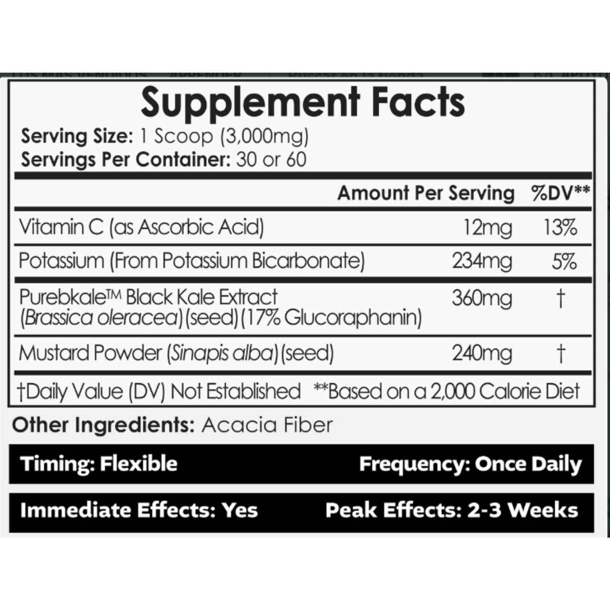 Nootropics Depot SulfoMax tabla nutricional por porción de 3 g
