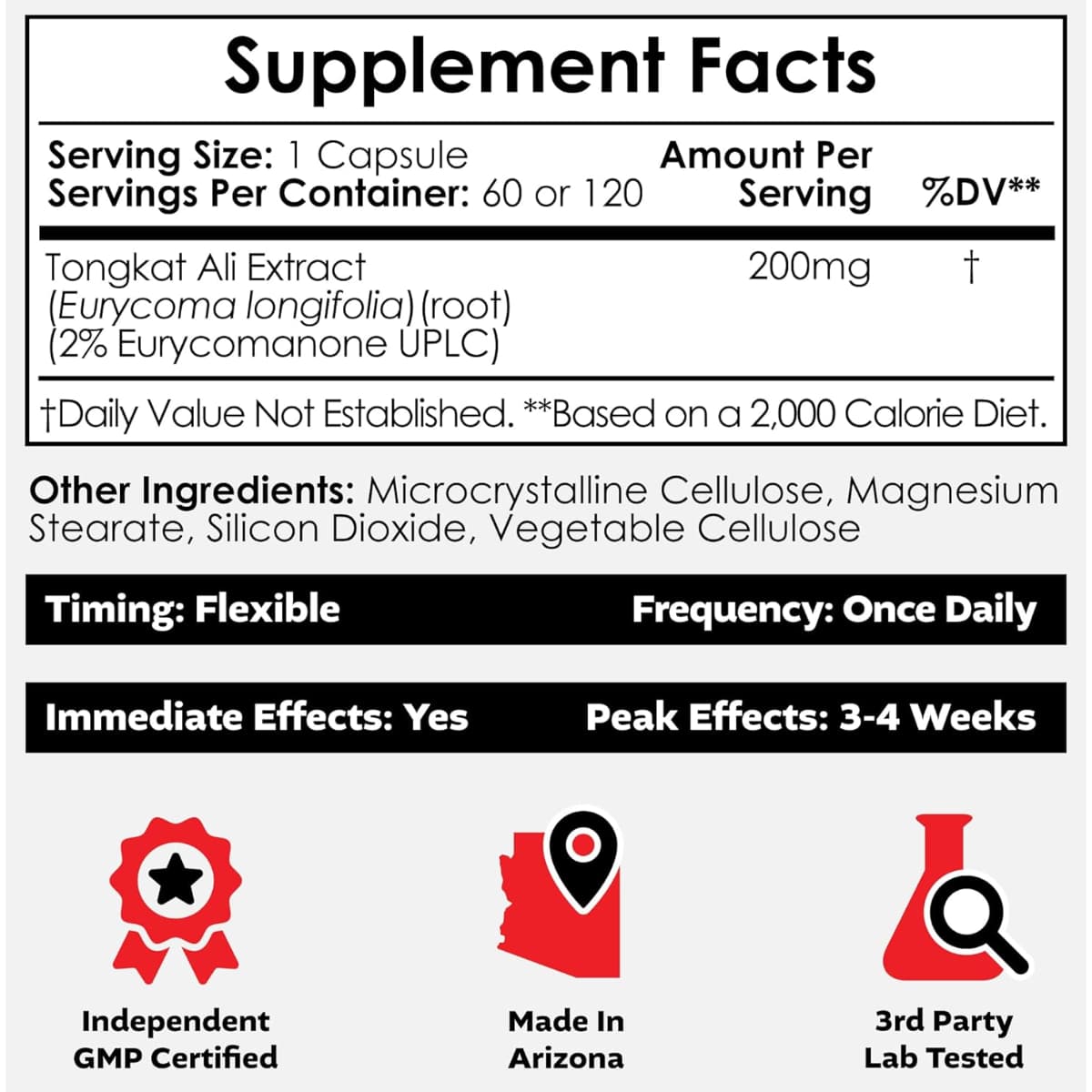 Tabla nutricional del suplemento Nootropics Depot Tongkat Ali 200 mg 60 cápsulas