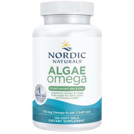 Frasco de suplemento Nordic Naturals Omega de Algas 715 mg 120 cápsulas blandas