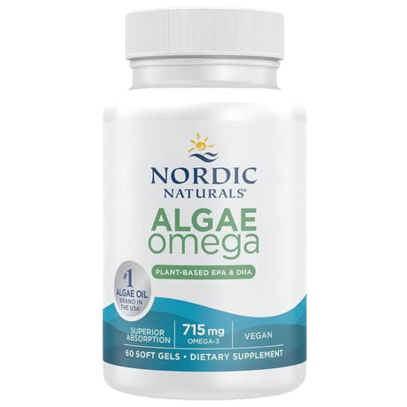 Frasco de suplemento Nordic Naturals Omega de Algas 715 mg 60 cápsulas blandas