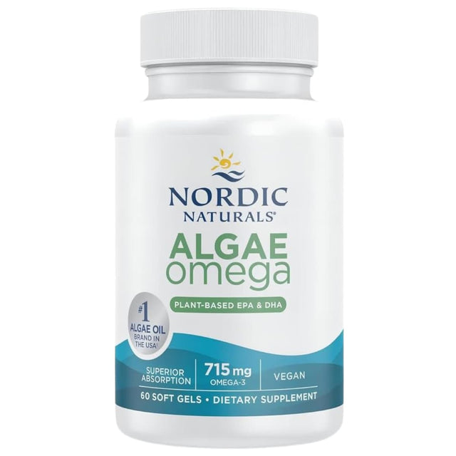 Frasco de suplemento Nordic Naturals Omega de Algas 715 mg 60 cápsulas blandas