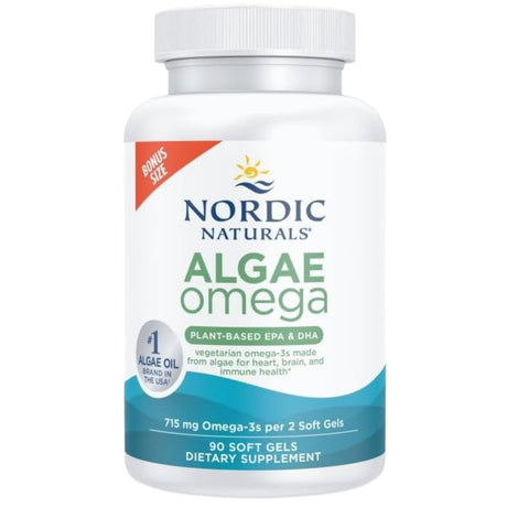 Frasco de suplemento Nordic Naturals Omega de Algas 715 mg 90 cápsulas blandas