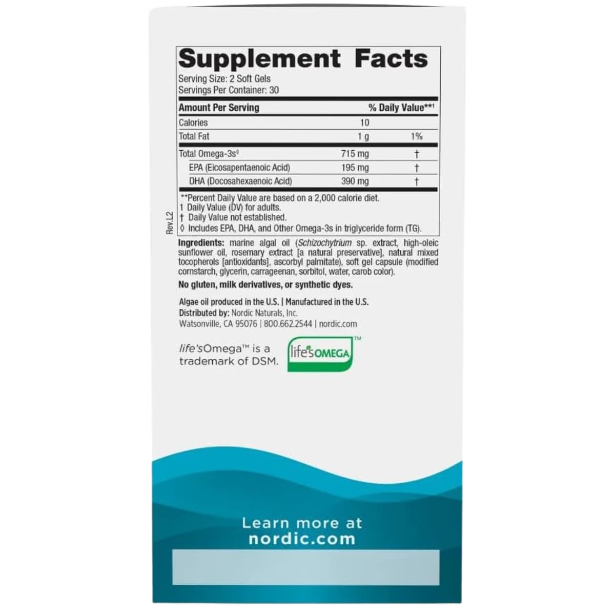 Etiqueta de suplemento de Nordic Naturals Algae Omega, presentación de 60 cápsulas blandas