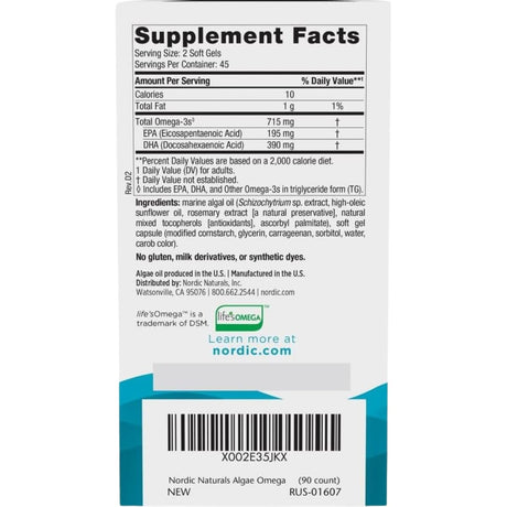 Etiqueta de suplemento de Nordic Naturals Algae Omega, presentación de 90 cápsulas blandas