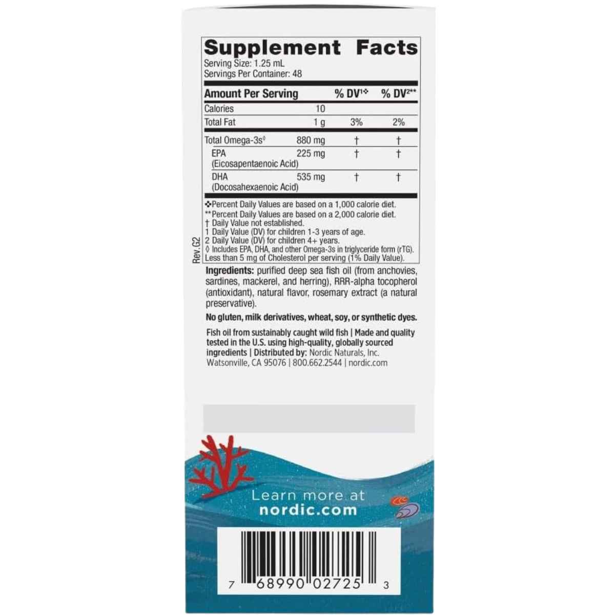 Tabla nutricional del suplemento Nordic Naturals Children's DHA Xtra Berry Punch 60 mL