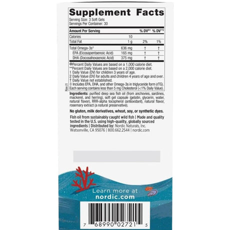 Tabla nutricional del suplemento Nordic Naturals Children's DHA Xtra Ponche de Bayas 90 cápsulas blandas masticables