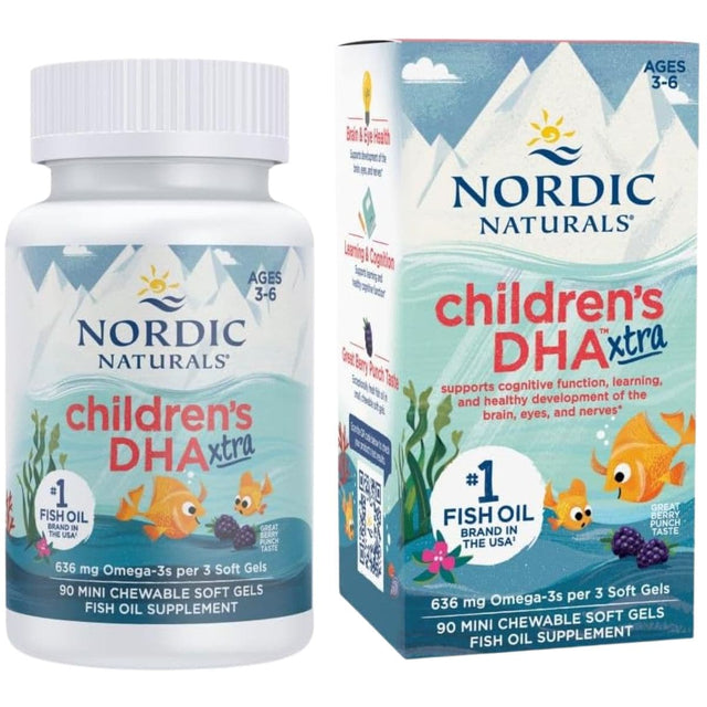 Frasco de suplemento Nordic Naturals Children's DHA Xtra Ponche de Bayas 90 cápsulas blandas masticables
