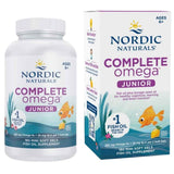 Frasco y caja frontal de Nordic Naturals Complete Omega Junior, presentación de 180 cápsulas blandas