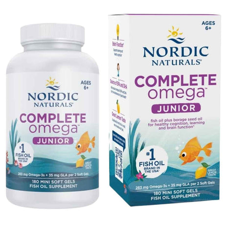 Frasco y caja frontal de Nordic Naturals Complete Omega Junior, presentación de 180 cápsulas blandas
