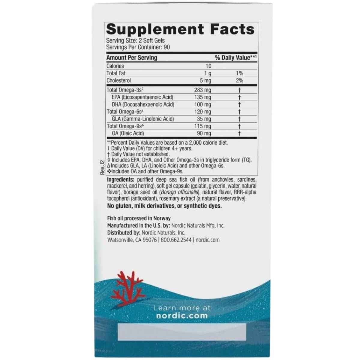 Información del suplemento de Nordic Naturals Complete Omega Junior, presentación de 180 cápsulas blandas