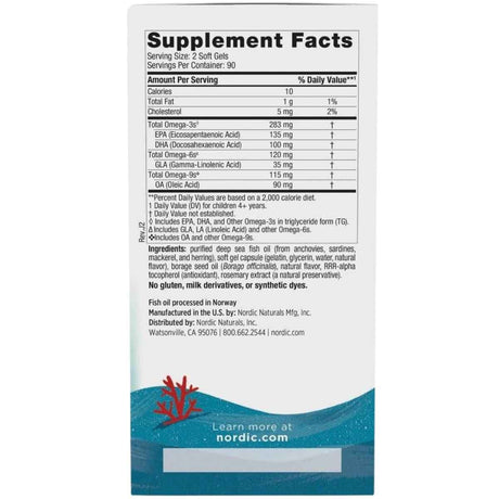 Información del suplemento de Nordic Naturals Complete Omega Junior, presentación de 180 cápsulas blandas