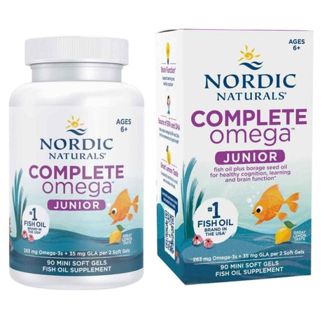 Frasco y caja frontal de Nordic Naturals Complete Omega Junior, presentación de 90 cápsulas blandas
