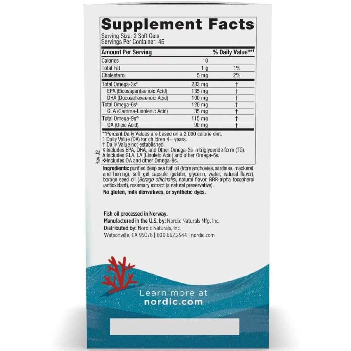 Información del suplemento de Nordic Naturals Complete Omega Junior, presentación de 90 cápsulas blandas