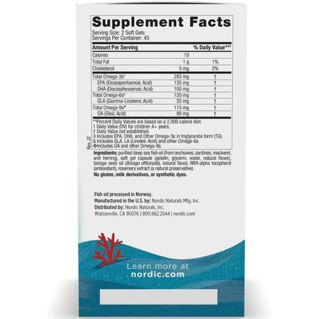 Información del suplemento de Nordic Naturals Complete Omega Junior, presentación de 90 cápsulas blandas