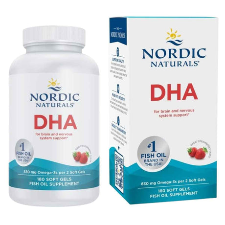 Frasco de Nordic Naturals DHA Omega-3 sabor fresa de 180 cápsulas blandas