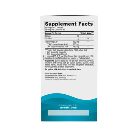 Etiqueta de Nordic Naturals DHA Omega-3 sabor fresa con 830 mg de Omega-3 por porción