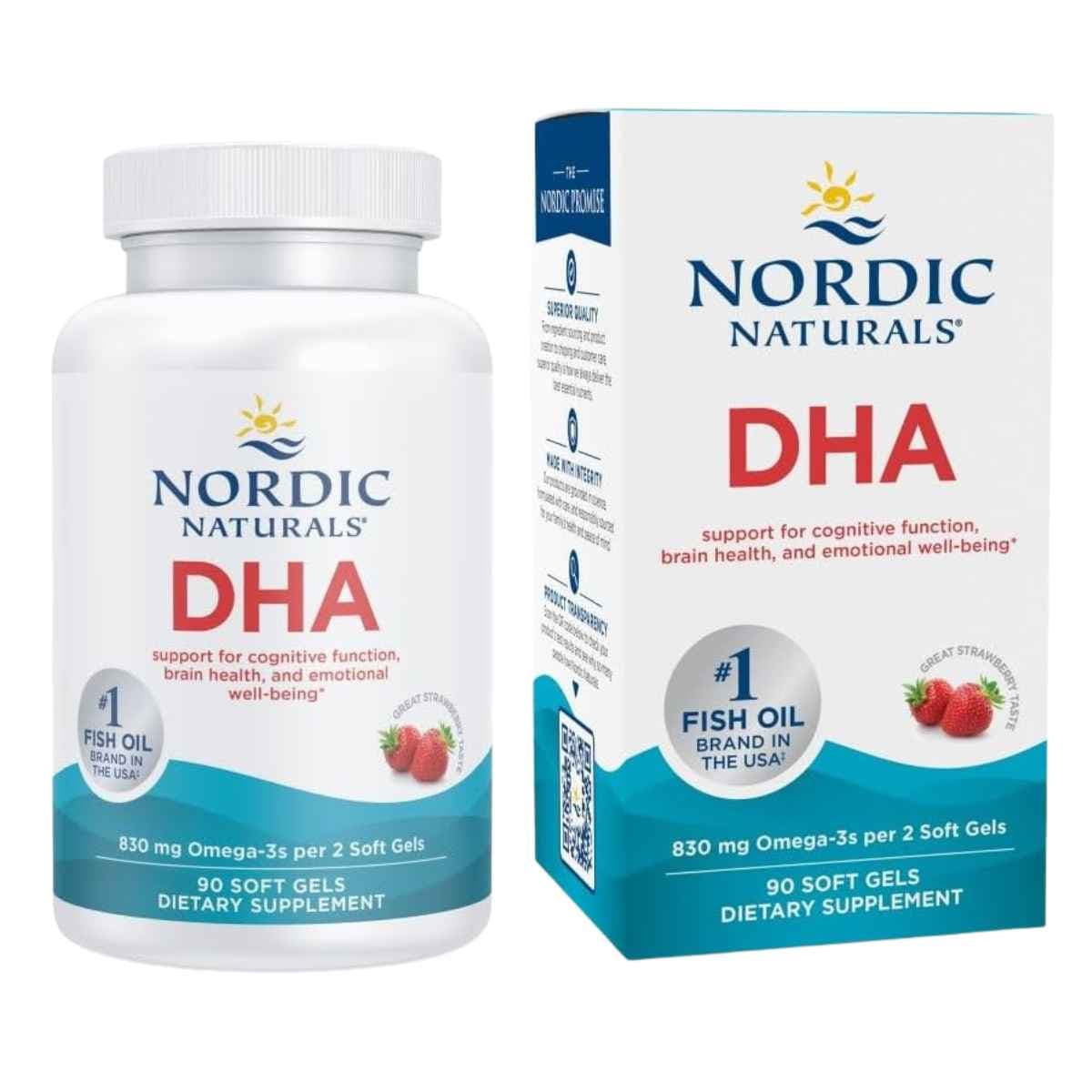 Frasco de Nordic Naturals DHA Omega-3 sabor fresa de 90 cápsulas blandas