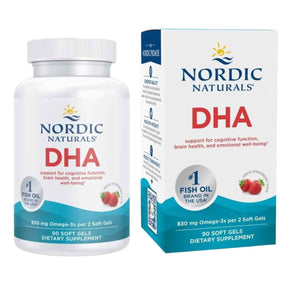 Frasco de Nordic Naturals DHA Omega-3 sabor fresa de 90 cápsulas blandas