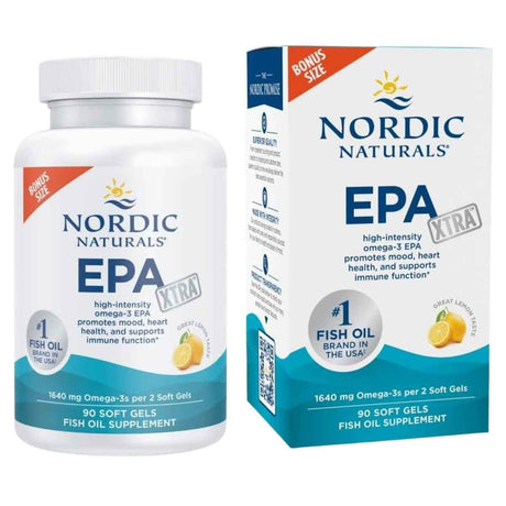 Frasco y caja de Nordic Naturals EPA Xtra, presentación de 90 cápsulas blandas