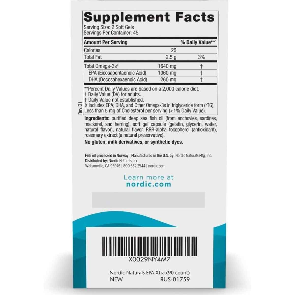 Información del suplemento de Nordic Naturals EPA Xtra con cantidades de omega 3, EPA y DHA, presentación de 90 cápsulas blandas