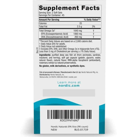 Información del suplemento de Nordic Naturals EPA Xtra con cantidades de omega 3, EPA y DHA, presentación de 90 cápsulas blandas