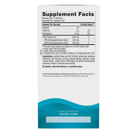 Tabla nutricional del suplemento Nordic Naturals Omega-3 120 cápsulas blandas