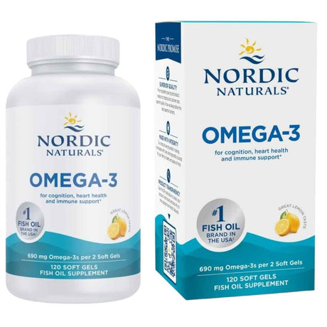 Frasco de suplemento Nordic Naturals Omega-3 sabor limón 120 cápsulas blandas