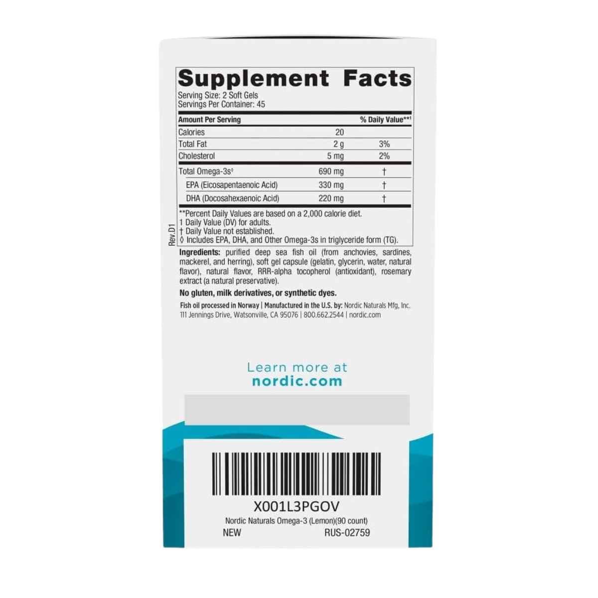 Tabla nutricional del suplemento Nordic Naturals Omega-3 90 cápsulas blandas