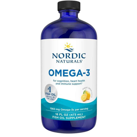 Botella frontal de Nordic Naturals Omega-3 aceite de pescado líquido sabor limón de 473 ml.