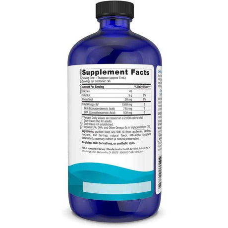 Información del suplemento de Nordic Naturals Omega-3 aceite de pescado líquido sabor limón de 473 ml.