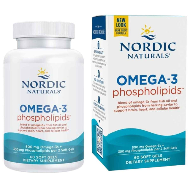 Frasco y caja frontal de Nordic Naturals Omega-3 Phospholipids, presentación de 60 cápsulas blandas