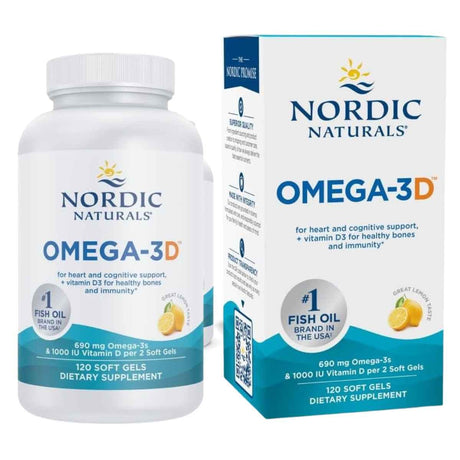 Frasco y caja de Nordic Naturals Omega-3D, presentación de 120 cápsulas blandas