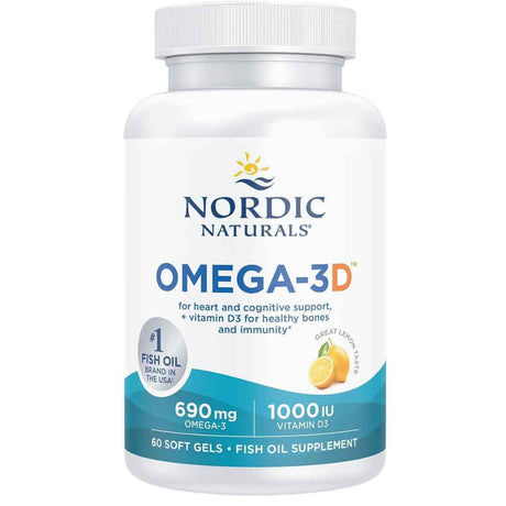 Frasco frontal de Nordic Naturals Omega-3D, presentación de 60 cápsulas blandas