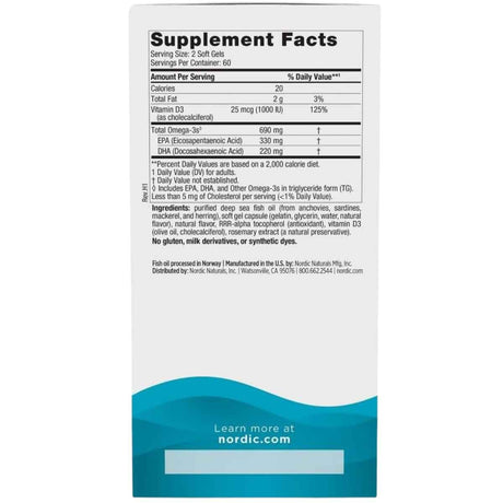 Información del suplemento de Nordic Naturals Omega-3D con omega 3 y vitamina D3, presentación de 120 cápsulas blandas