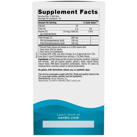 Información del suplemento de Nordic Naturals Omega-3D con omega 3 y vitamina D3, presentación de 60 cápsulas blandas