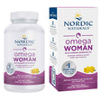 Frasco y caja frontal de Nordic Naturals Omega Woman, presentación de 120 cápsulas blandas