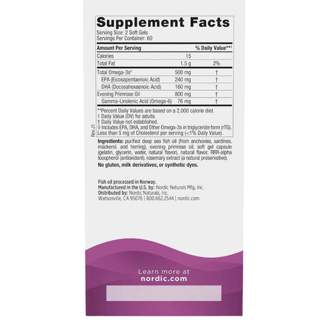 Información del suplemento de Nordic Naturals Omega Woman, presentación de 120 cápsulas blandas