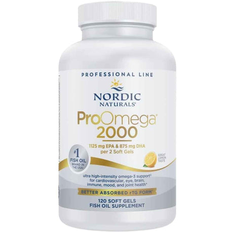 Frasco frontal de Nordic Naturals ProOmega 2000, presentación de 120 cápsulas blandas