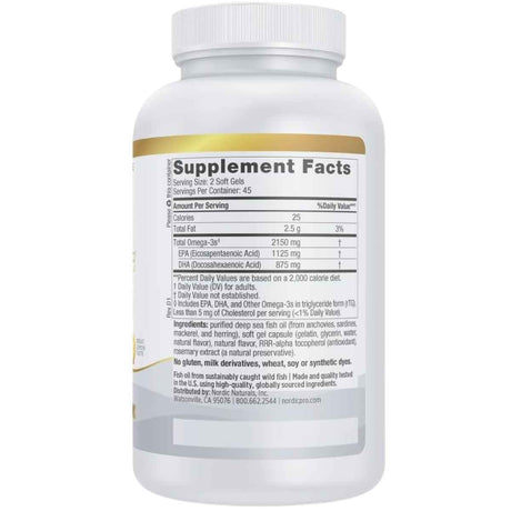 Información del suplemento de Nordic Naturals ProOmega 2000, presentación de 120 cápsulas blandas