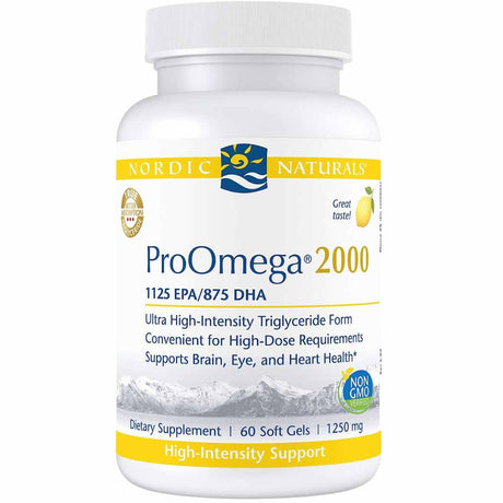 Frasco frontal de Nordic Naturals ProOmega 2000, presentación de 60 cápsulas blandas