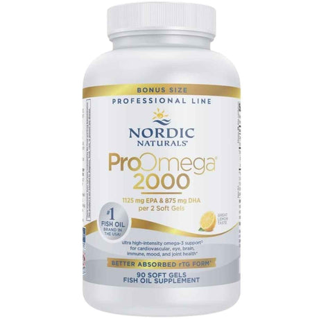 Frasco frontal Bonus Size de Nordic Naturals ProOmega 2000, presentación de 90 cápsulas blandas