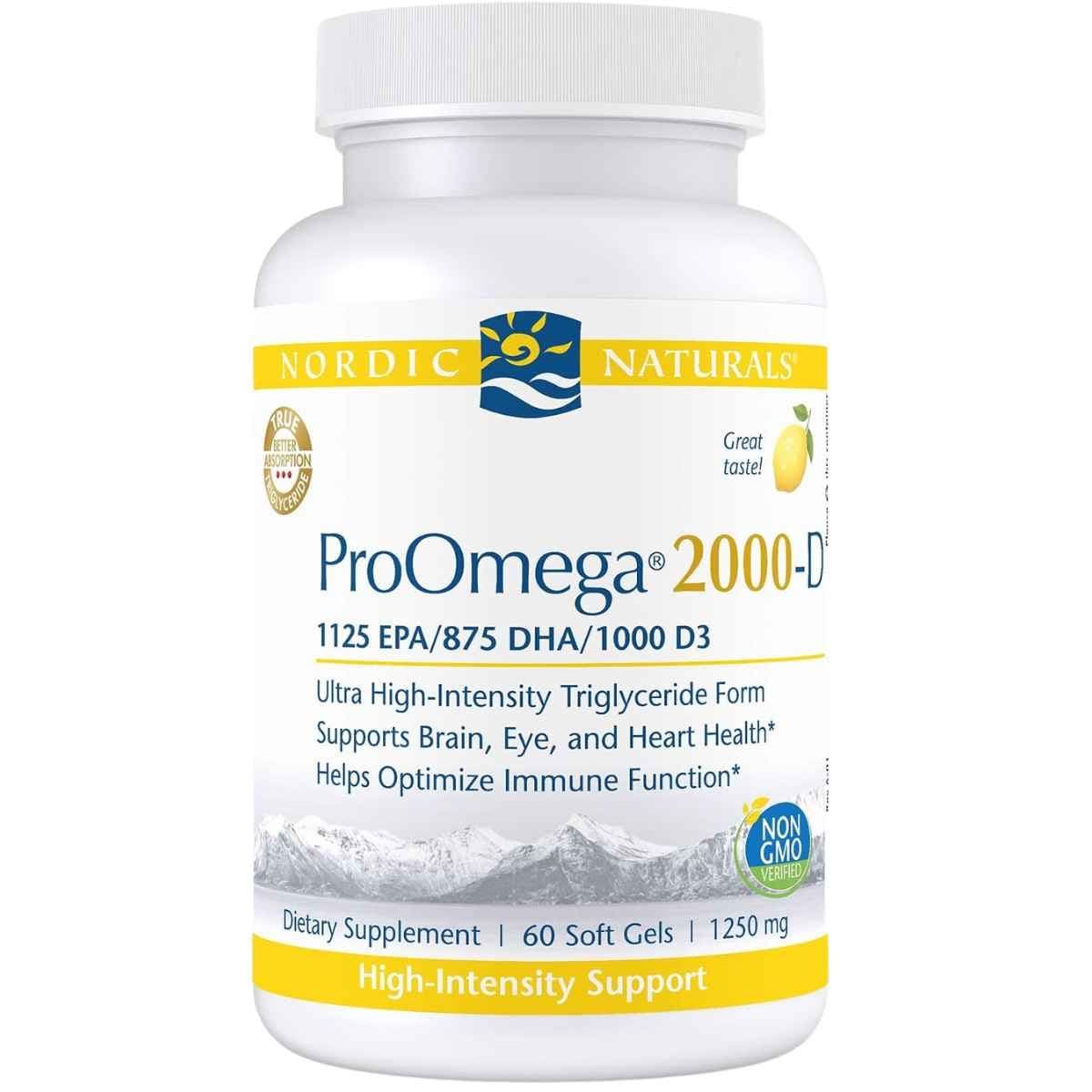 Frasco frontal de Nordic Naturals ProOmega 2000-D, presentación de 60 cápsulas blandas