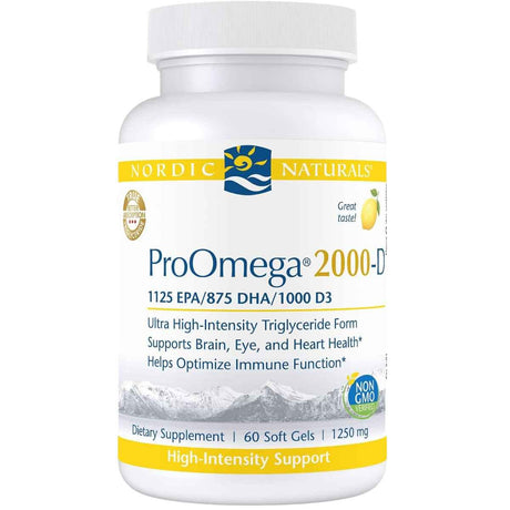 Frasco frontal de Nordic Naturals ProOmega 2000-D, presentación de 60 cápsulas blandas