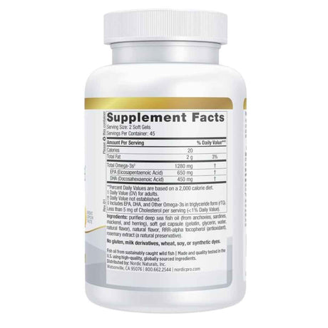 Etiqueta de Nordic Naturals ProOmega de 90 cápsulas blandas con información de Omega 3, EPA y DHA