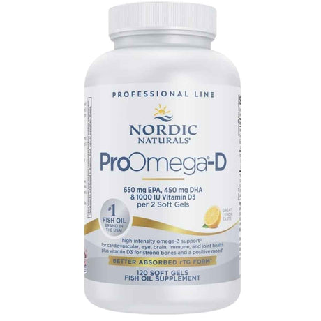 Frasco frontal de Nordic Naturals ProOmega-D, presentación de 120 cápsulas blandas