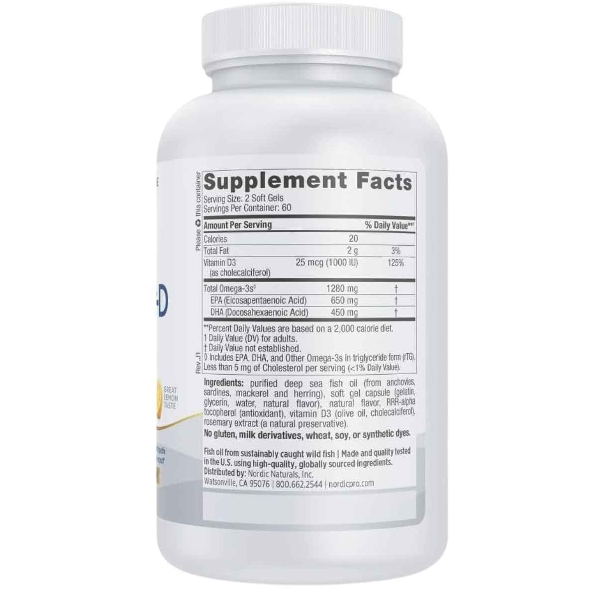 Información del suplemento de Nordic Naturals ProOmega-D, presentación de 120 cápsulas blandas