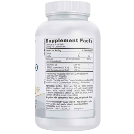 Información del suplemento de Nordic Naturals ProOmega-D, presentación de 120 cápsulas blandas