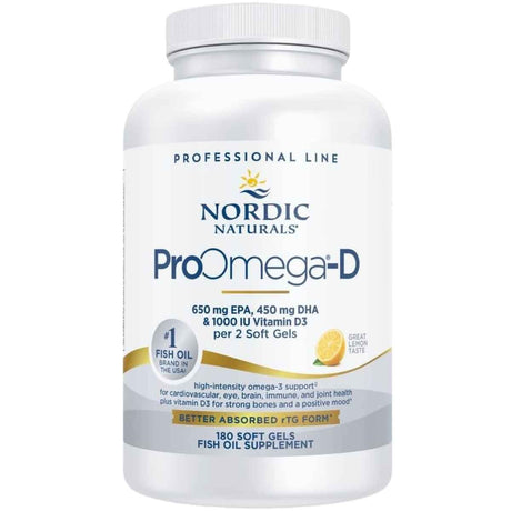 Frasco frontal de Nordic Naturals ProOmega-D, presentación de 180 cápsulas blandas