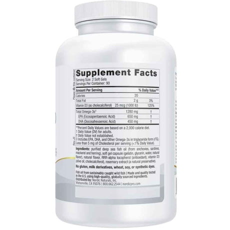 Información del suplemento de Nordic Naturals ProOmega-D, presentación de 180 cápsulas blandas