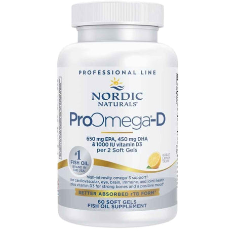 Frasco frontal de Nordic Naturals ProOmega-D, presentación de 60 cápsulas blandas